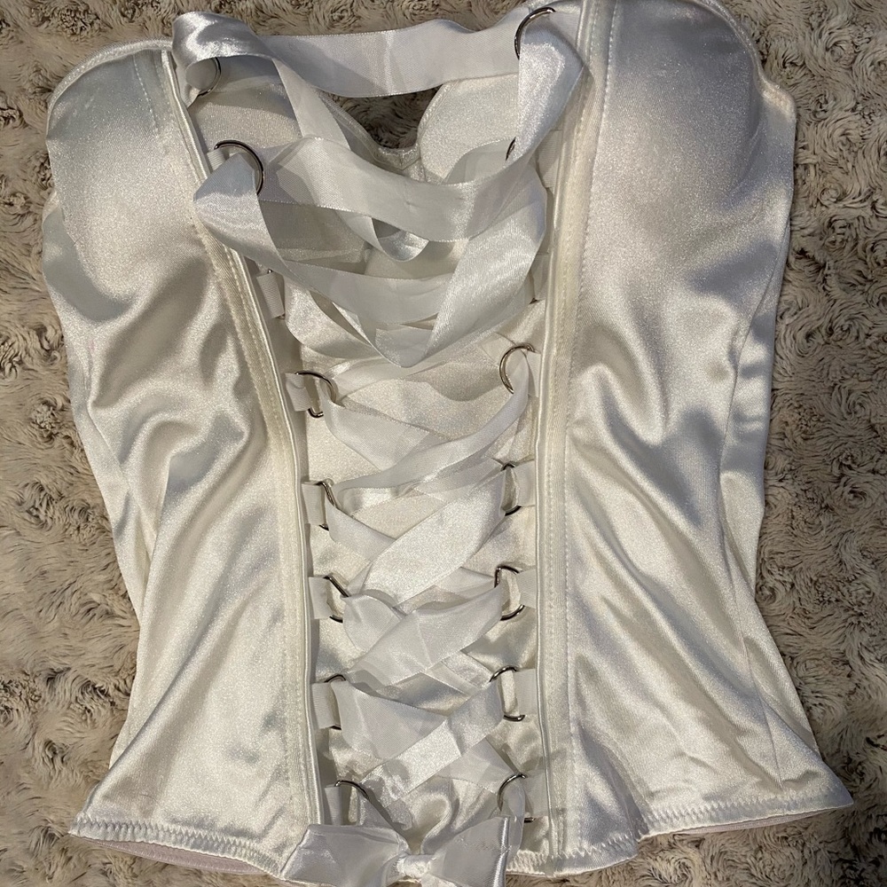 White corset with silk ribbon cross down front